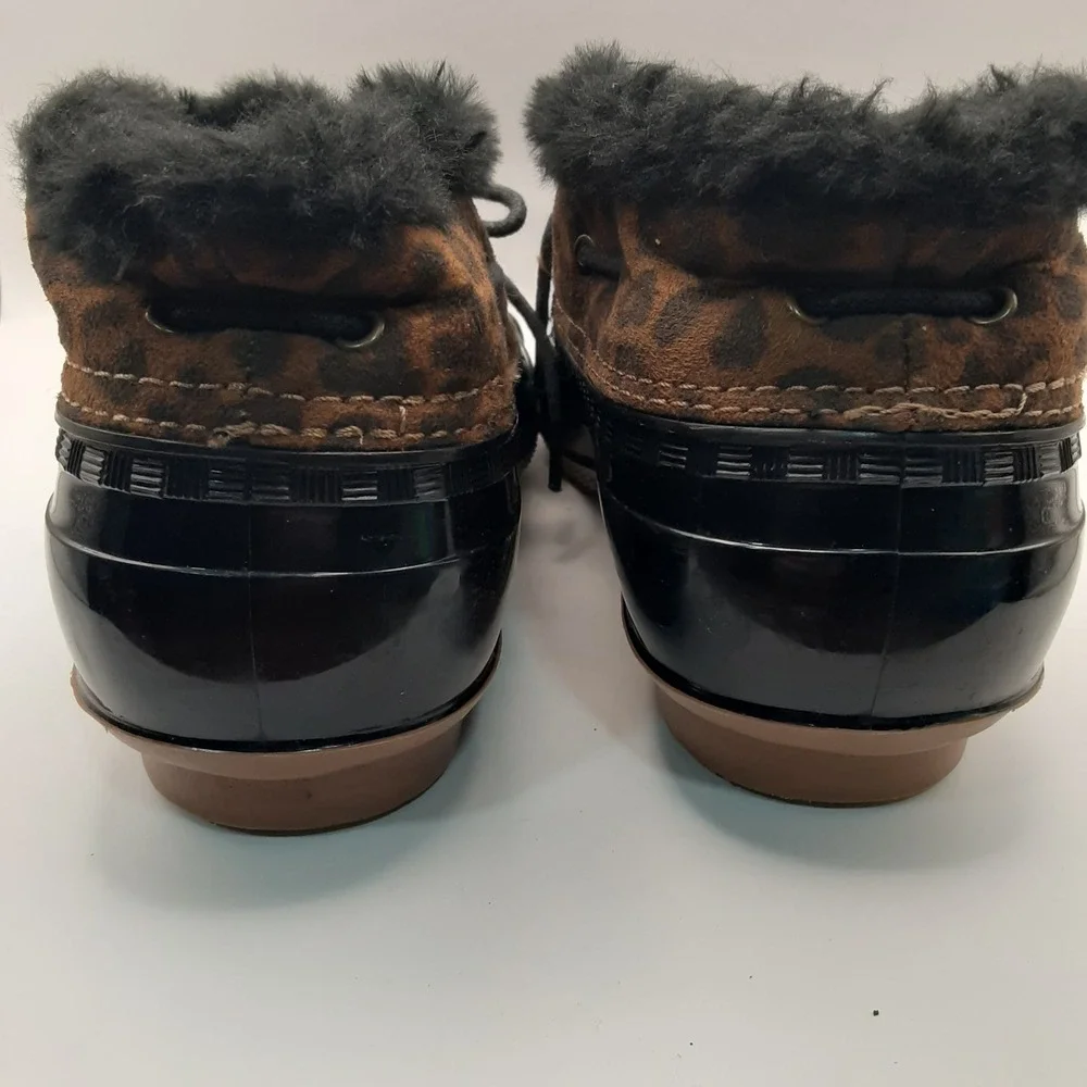 JF Womens Leopard Print Duck Boots Black Faux Fur Rain Boots Sz 7.5